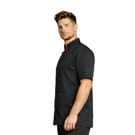 Bluza kucharska czarna krótki rękaw lamówka bordowa roz.XXL – bluza kucharska – odzież gastronomiczna dla kucharzy - inne ujęcie